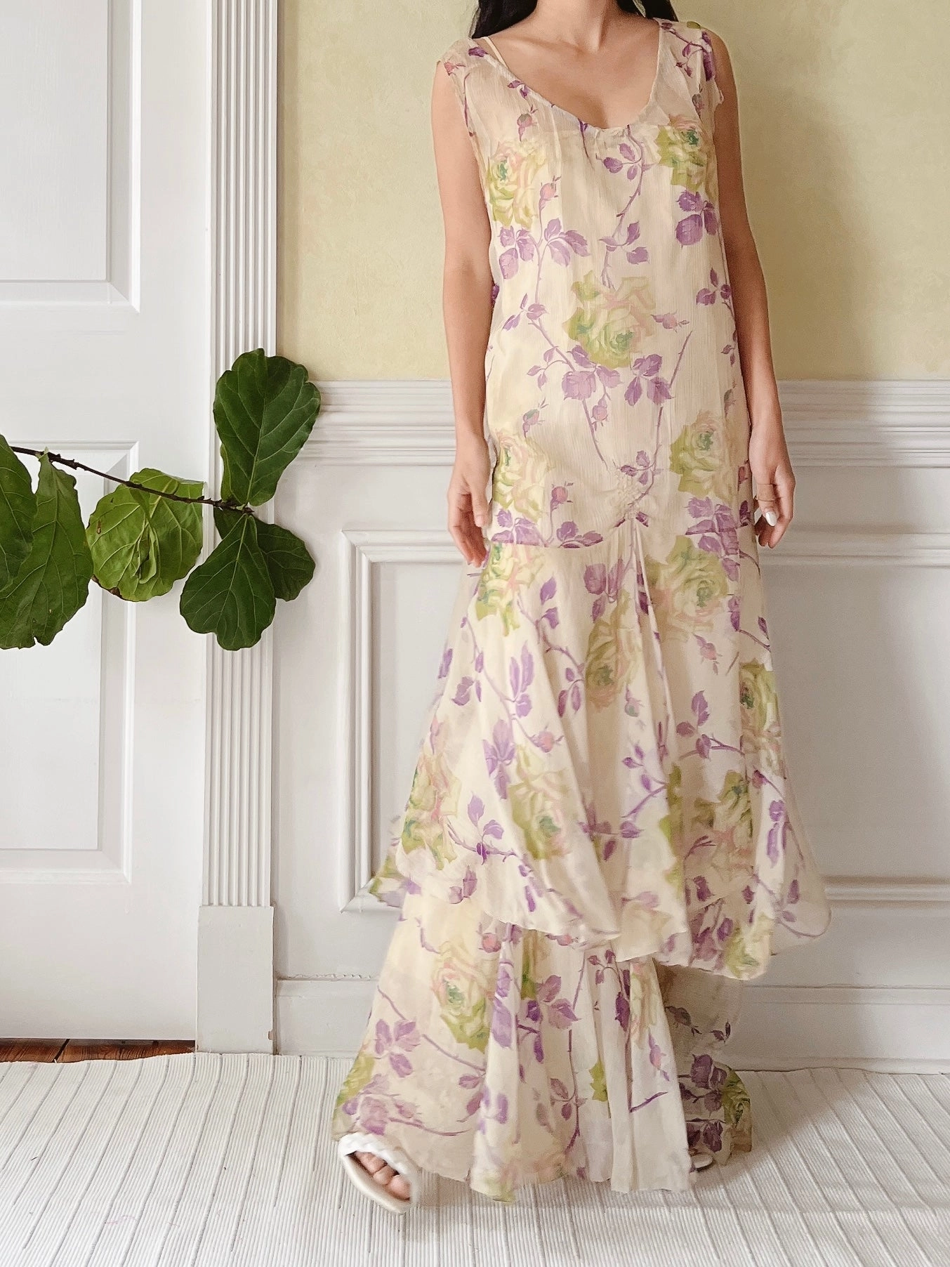 1930s Silk Floral Dress - M