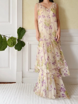 1930s Silk Floral Dress - M