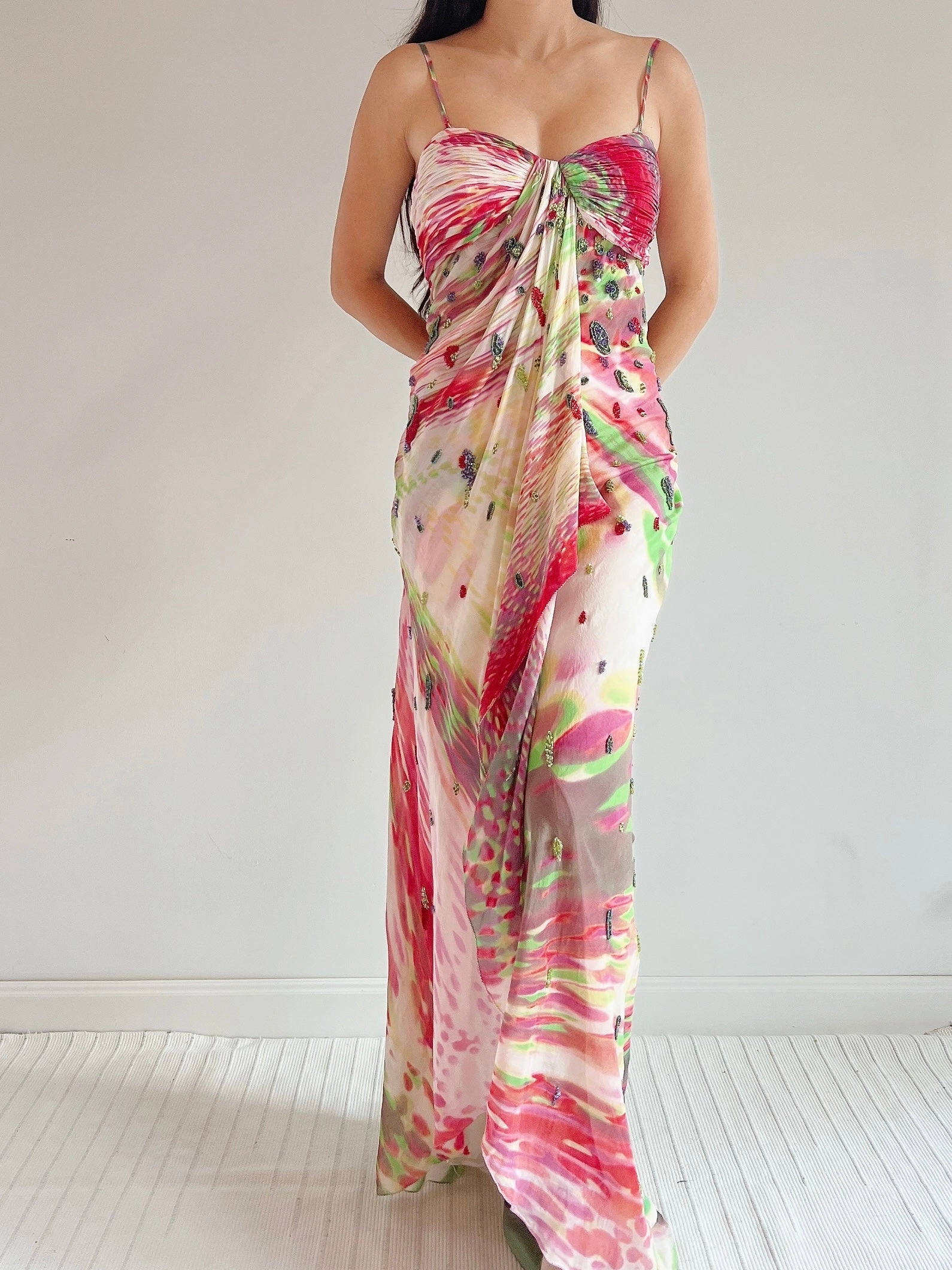 1990s Silk Floral Print Beaded Gown - M