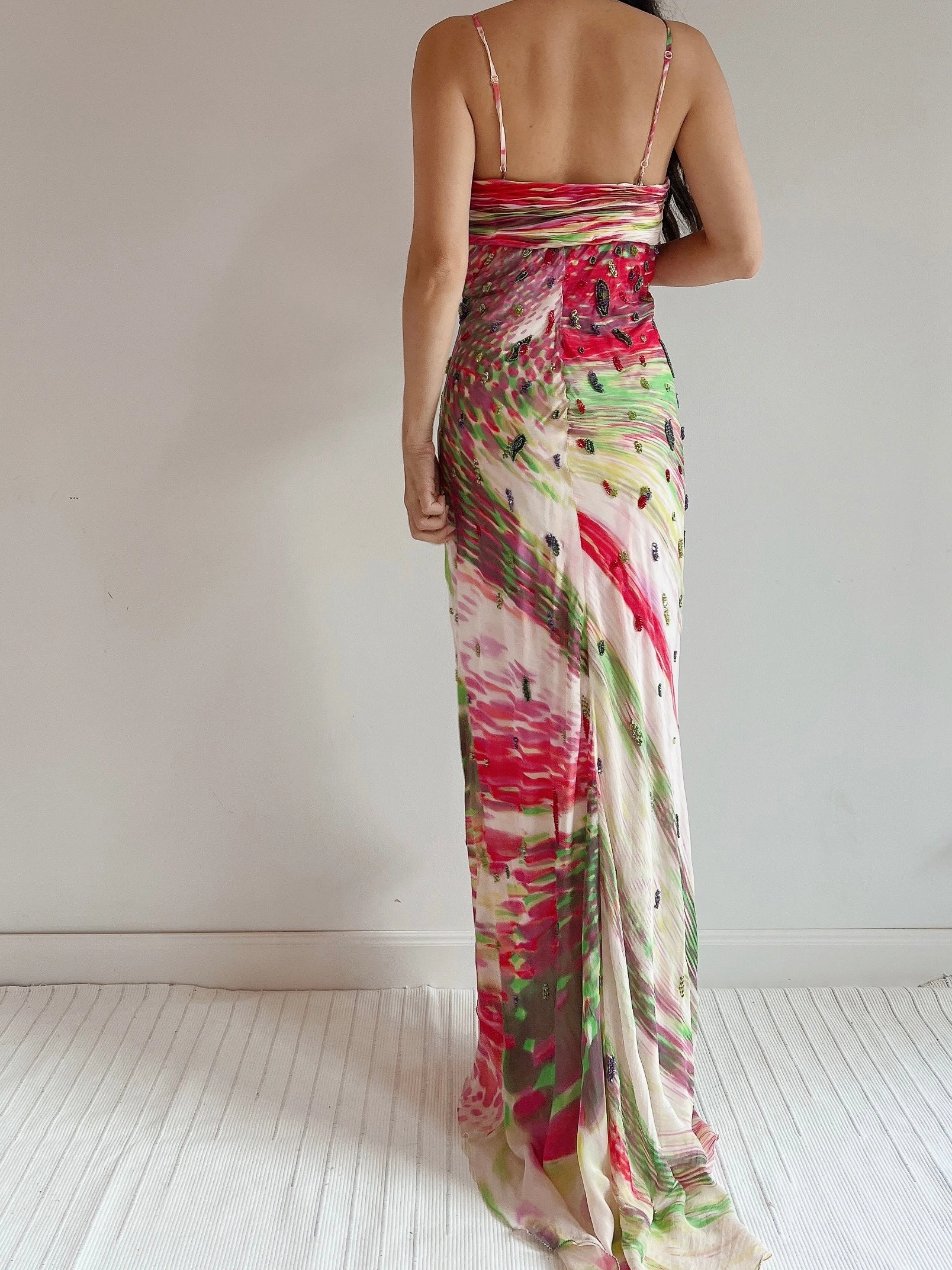 1990s Silk Floral Print Beaded Gown - M