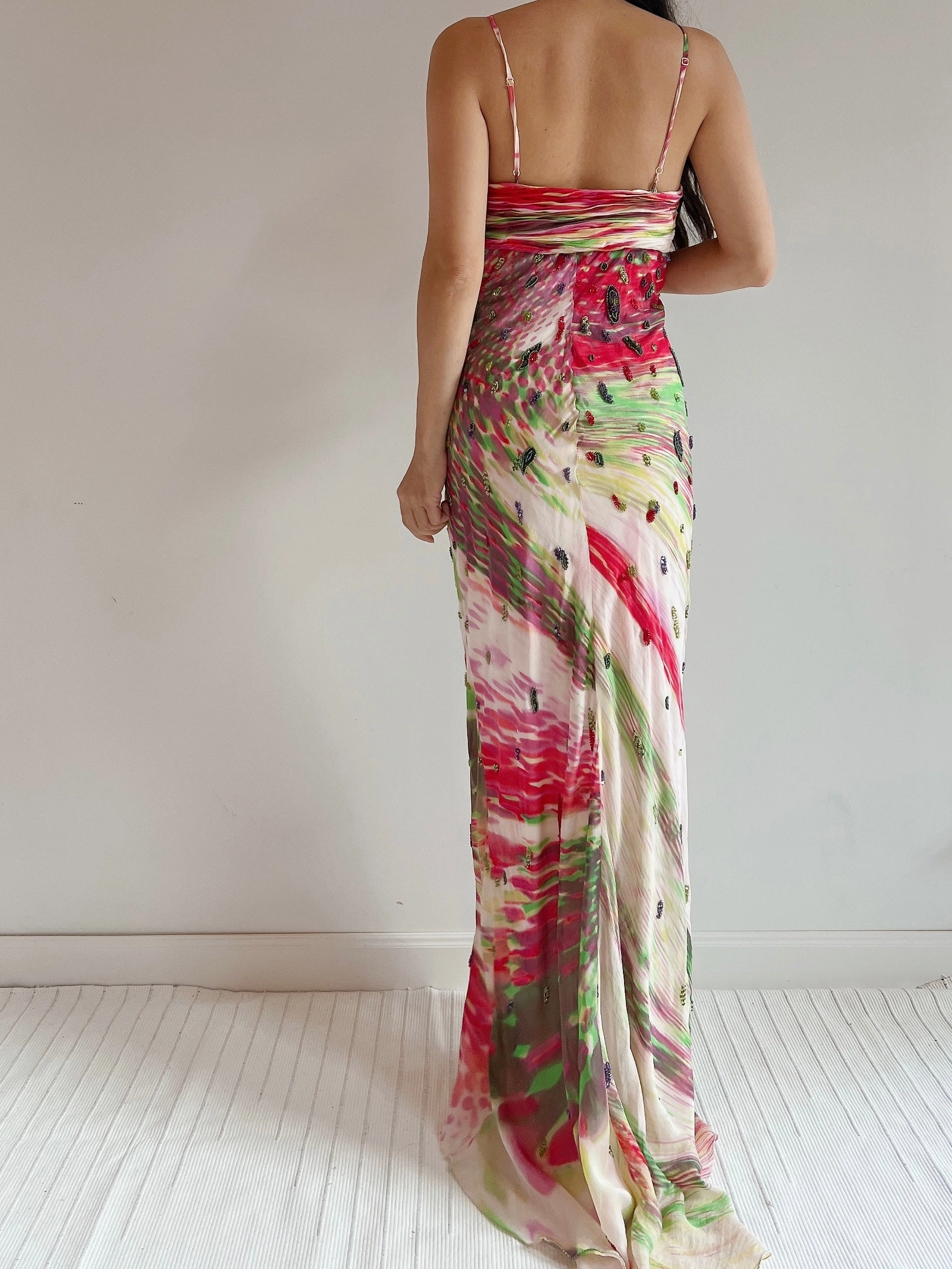 1990s Silk Floral Print Beaded Gown - M