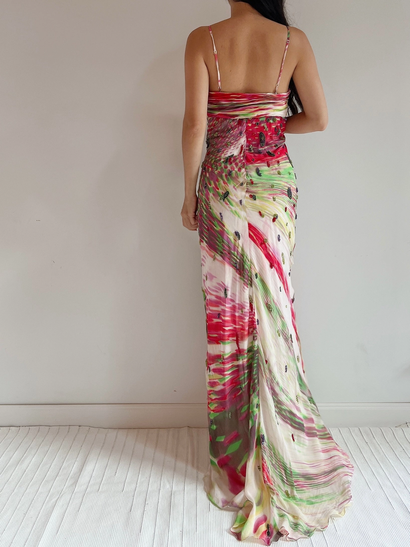 1990s Silk Floral Print Beaded Gown - M