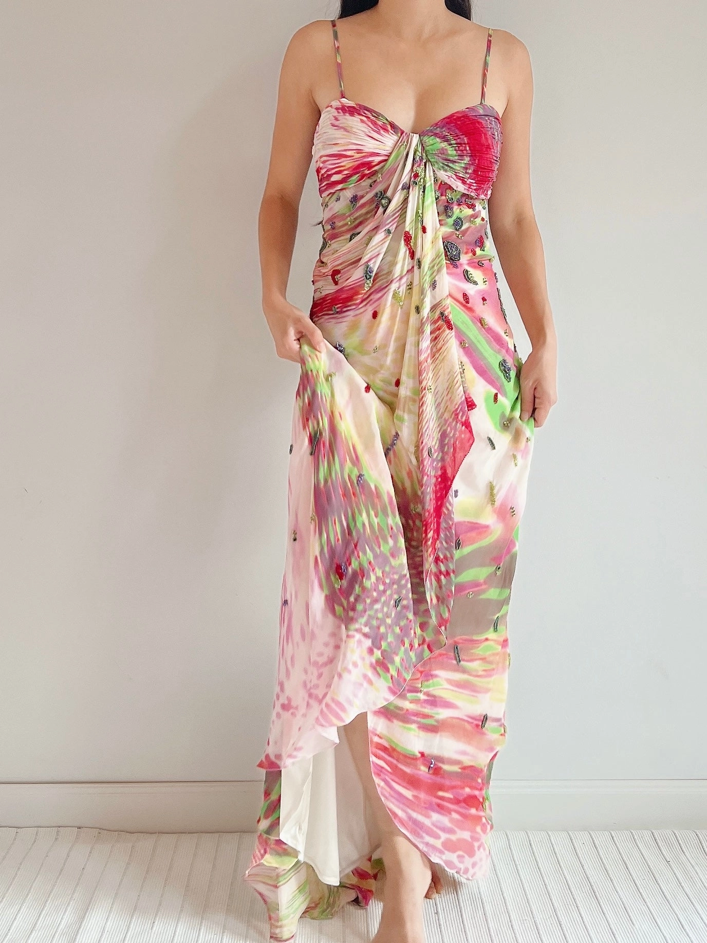1990s Silk Floral Print Beaded Gown - M