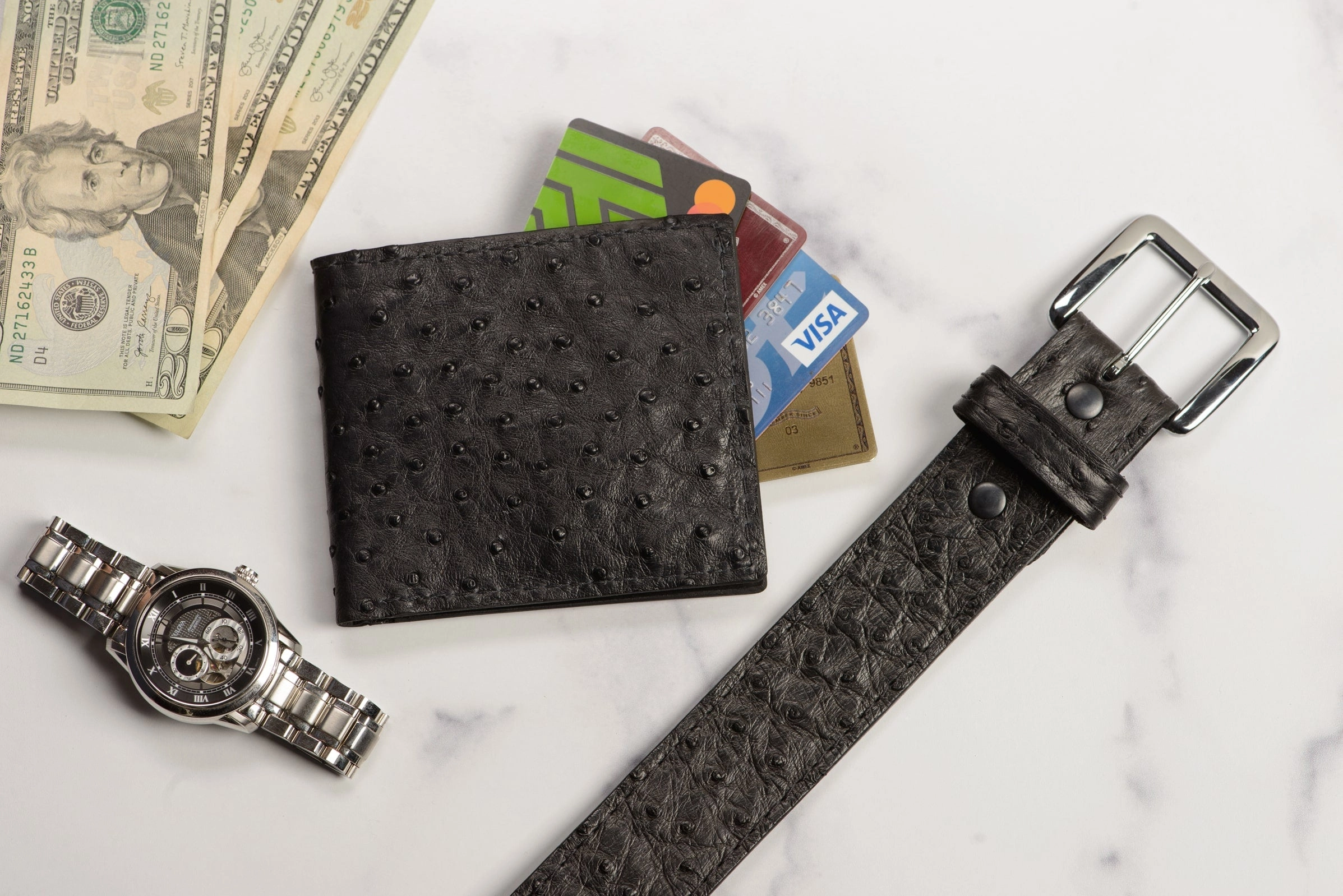 Black South African Ostrich Skin Money Belt With 25" Zipper 1.50" Wide