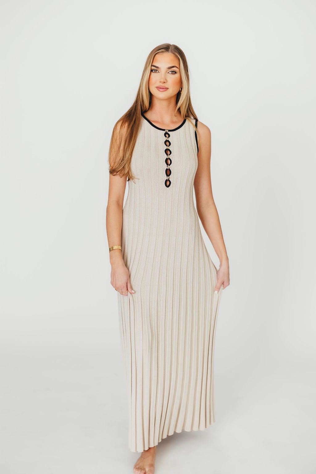 Brianne Button Down Ribbed Knit Maxi Dress in Taupe/Black