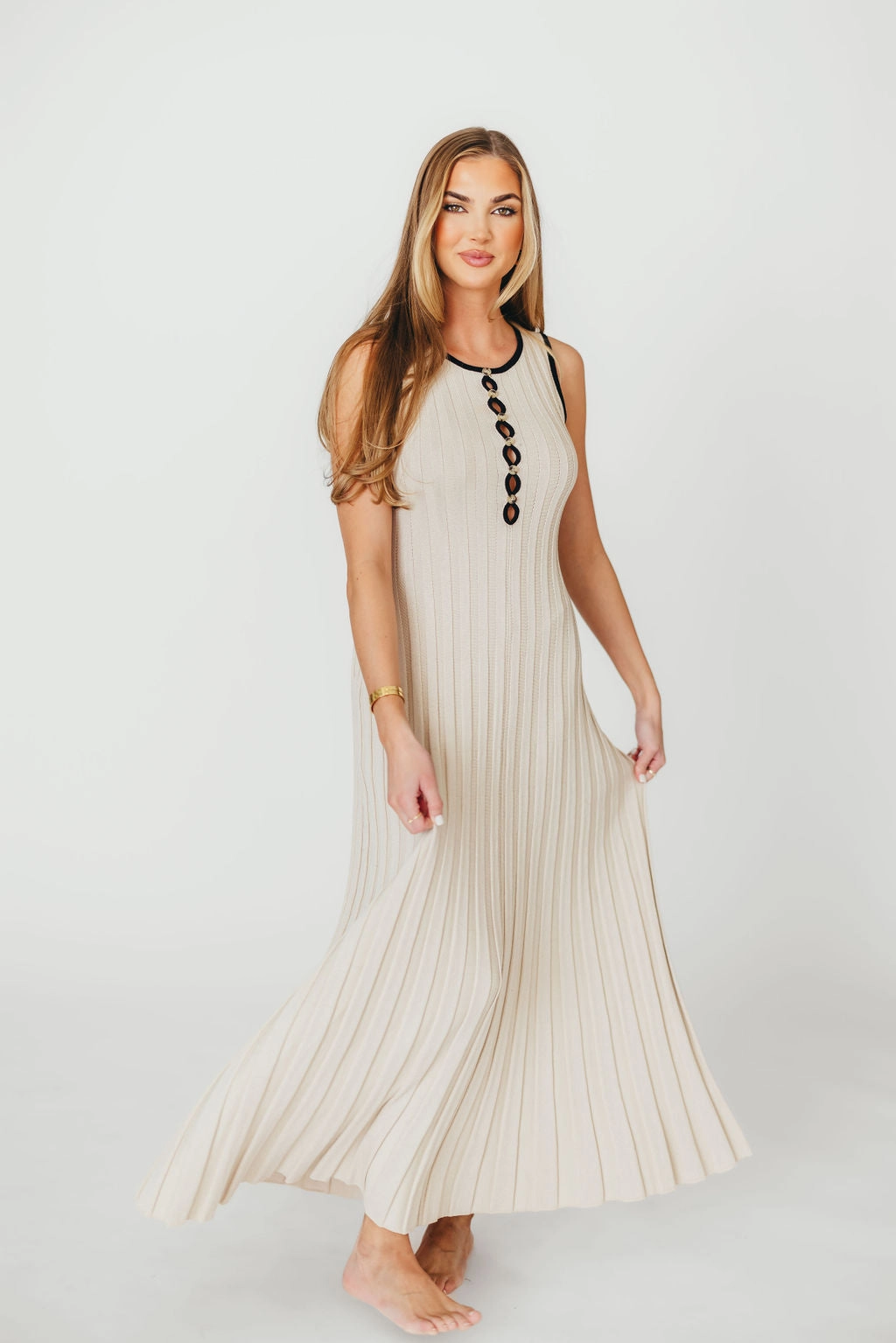 Brianne Button Down Ribbed Knit Maxi Dress in Taupe/Black