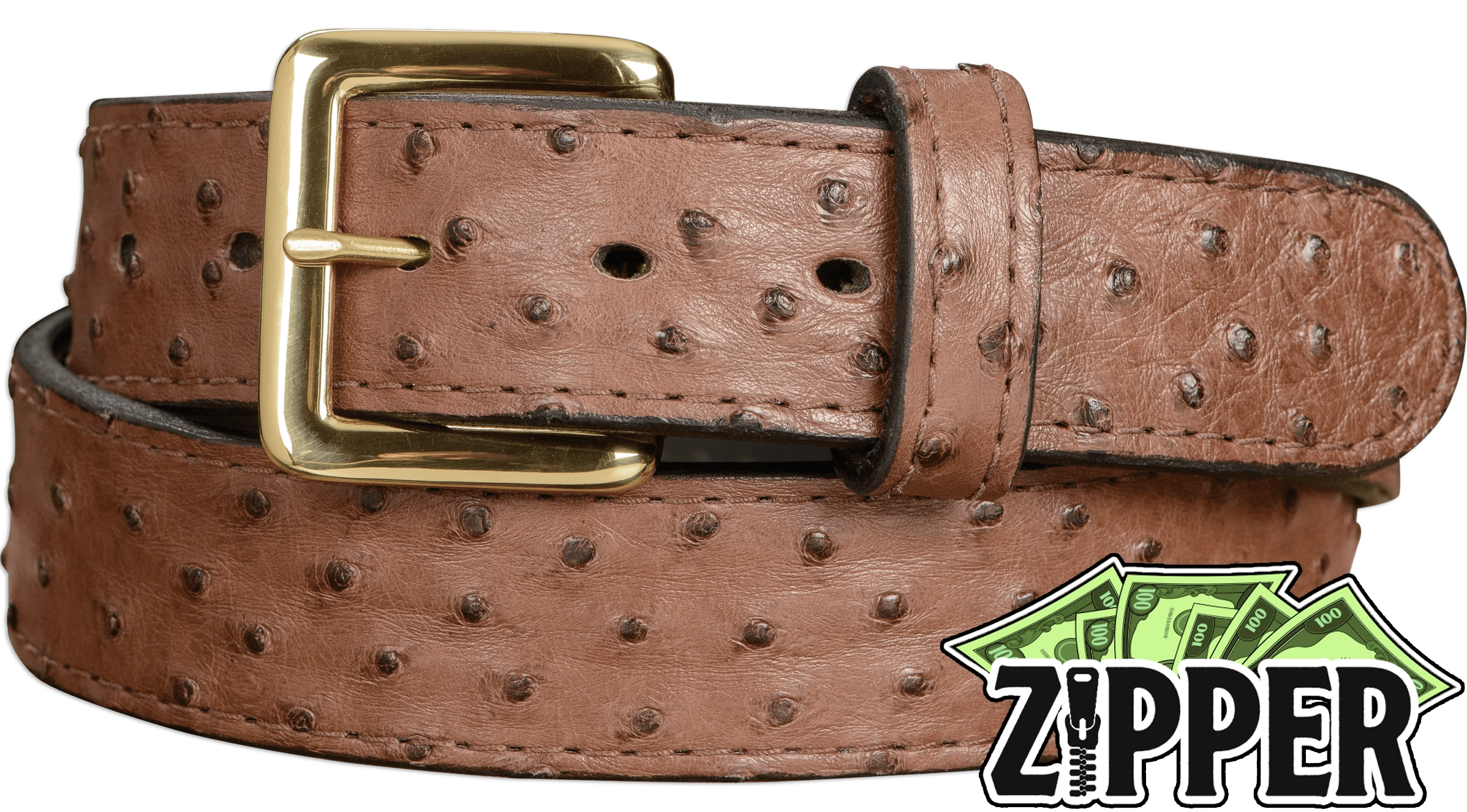 Brown South African Ostrich Skin Money Belt With 25" Zipper 1.50" Wide