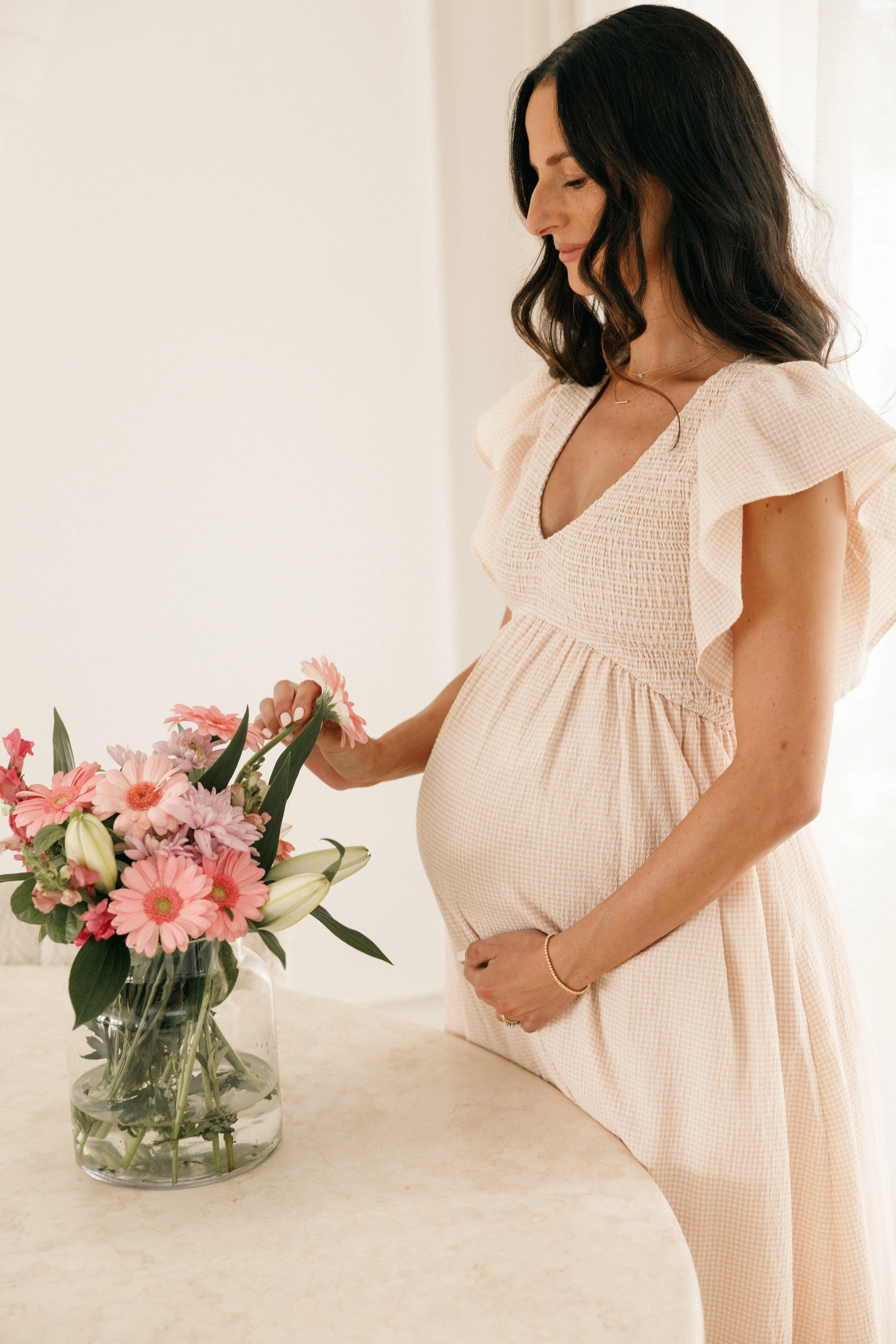 Farley Flutter Sleeve Midi Dress - Tan Gingham