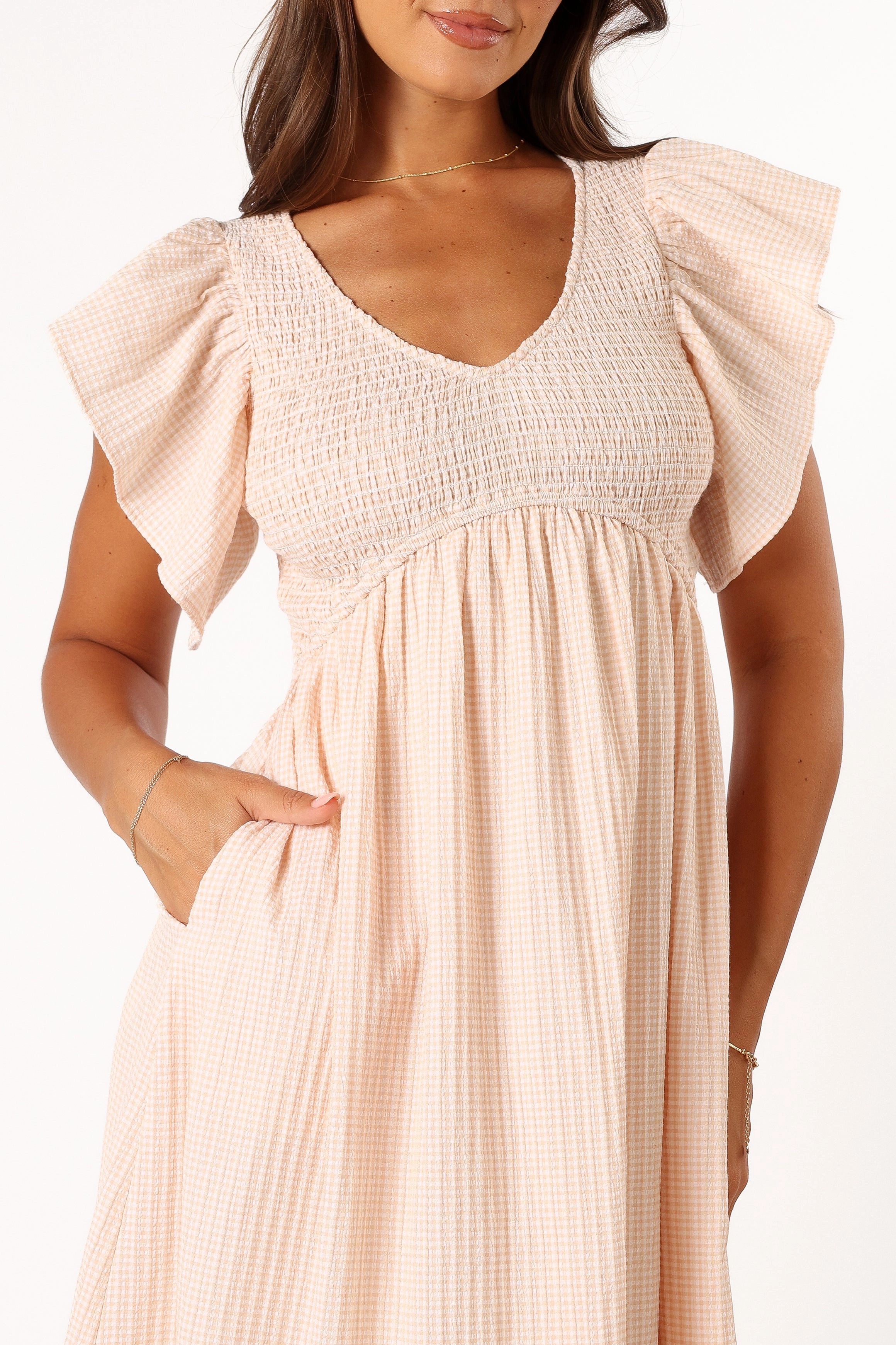 Farley Flutter Sleeve Midi Dress - Tan Gingham