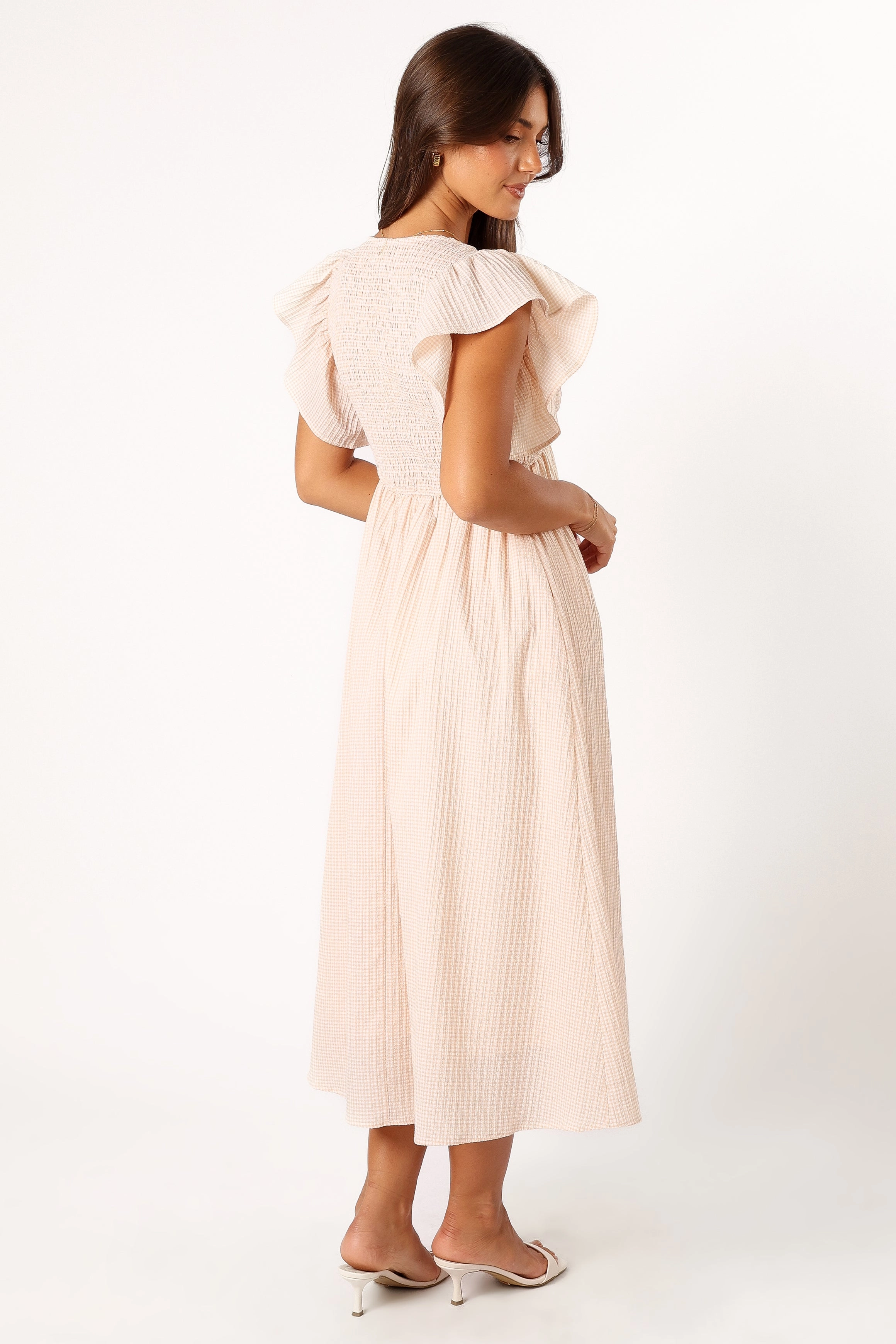 Farley Flutter Sleeve Midi Dress - Tan Gingham