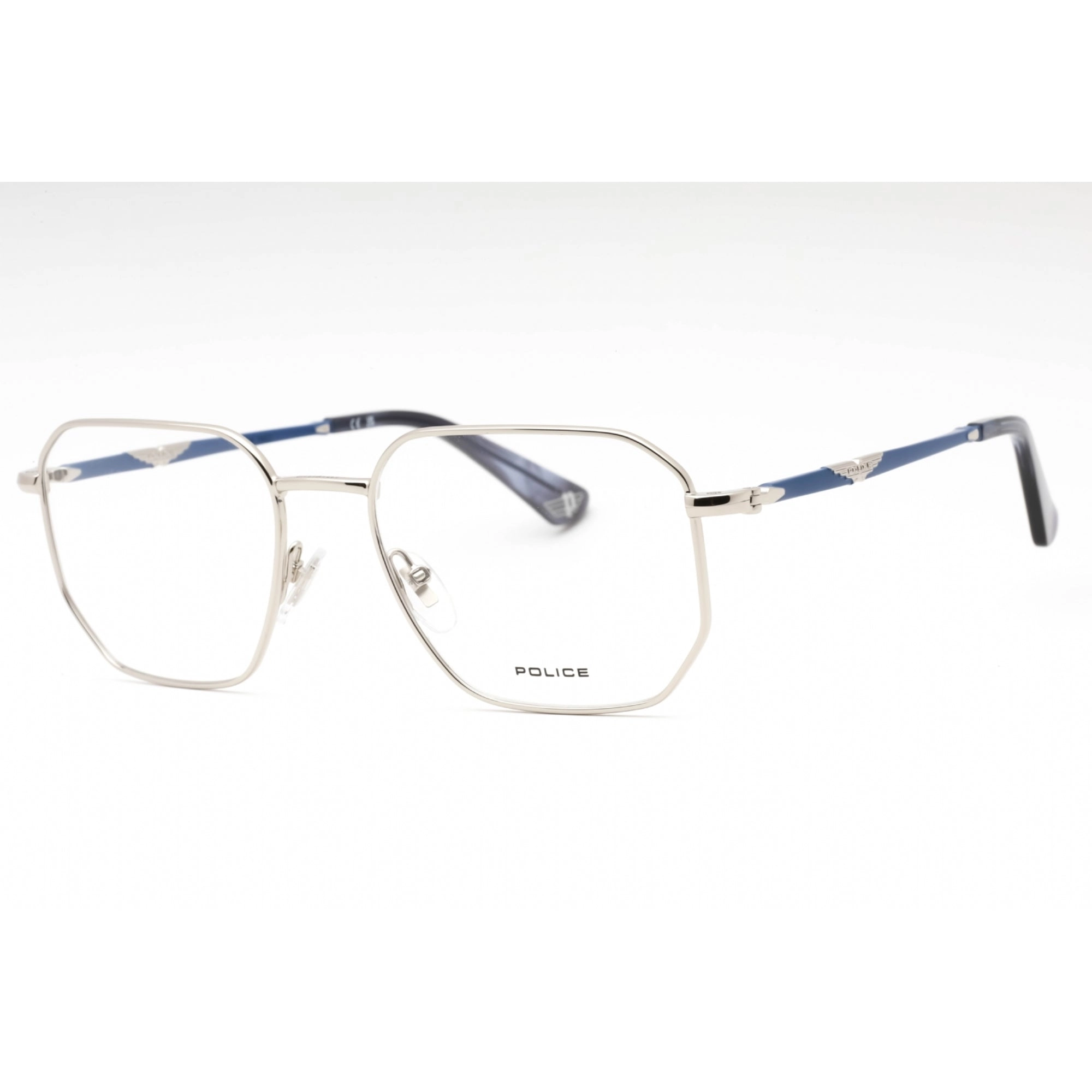Police Men's Eyeglasses - Shiny Palladium Metal Geometric Full Rim Frame | VPLL67 0579
