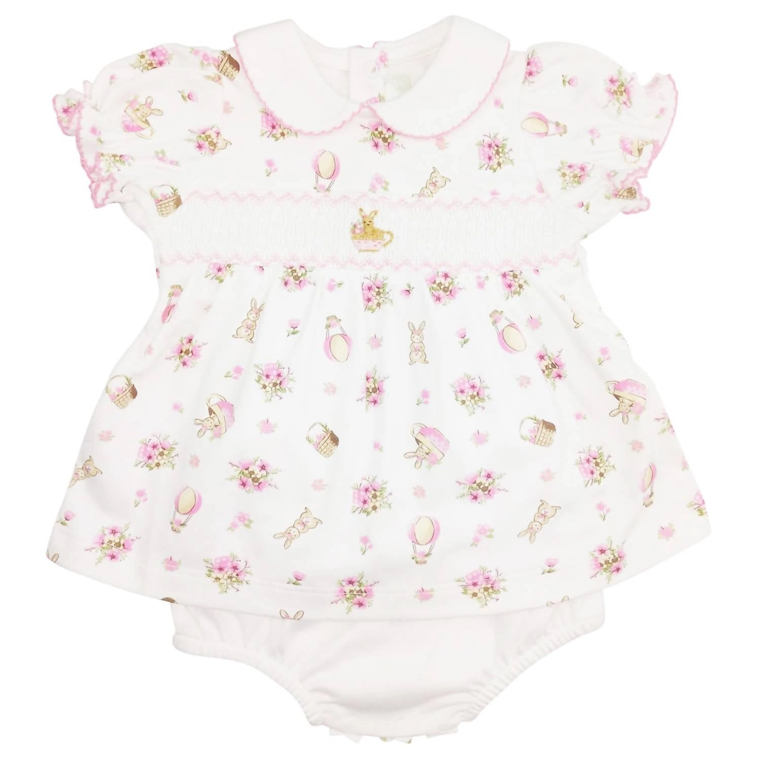 "bella Bunny" Hand Smocked Dress And Bloomer Set In White/pink