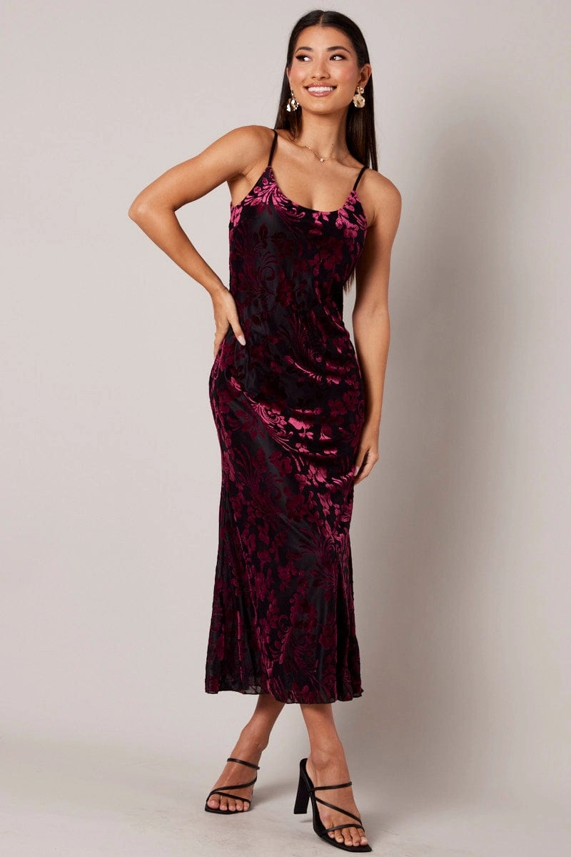 Red Maxi Dress Sleeveless Scoop Neck Burn Out