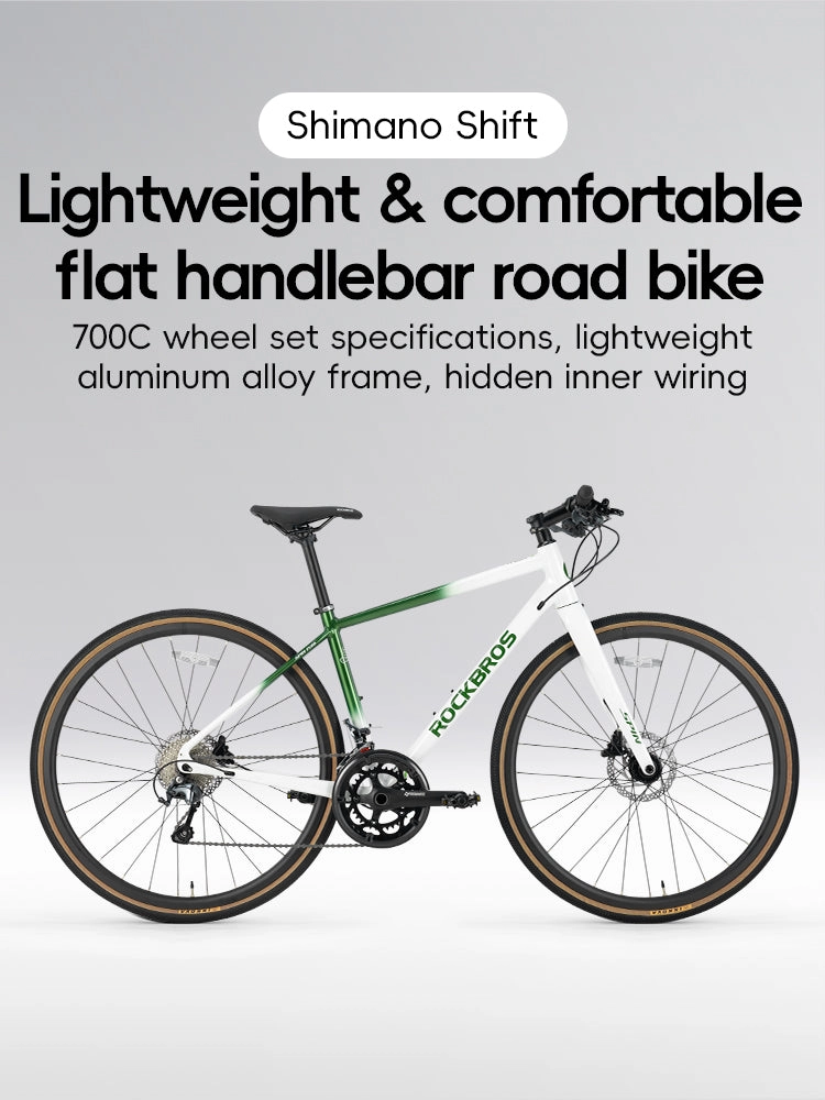 ROCKBROS 20-Speed Flat Handlebar Road Bike Carbon Fiber Fork Aluminum Frame Hydraulic Disc Brakes 11-32T