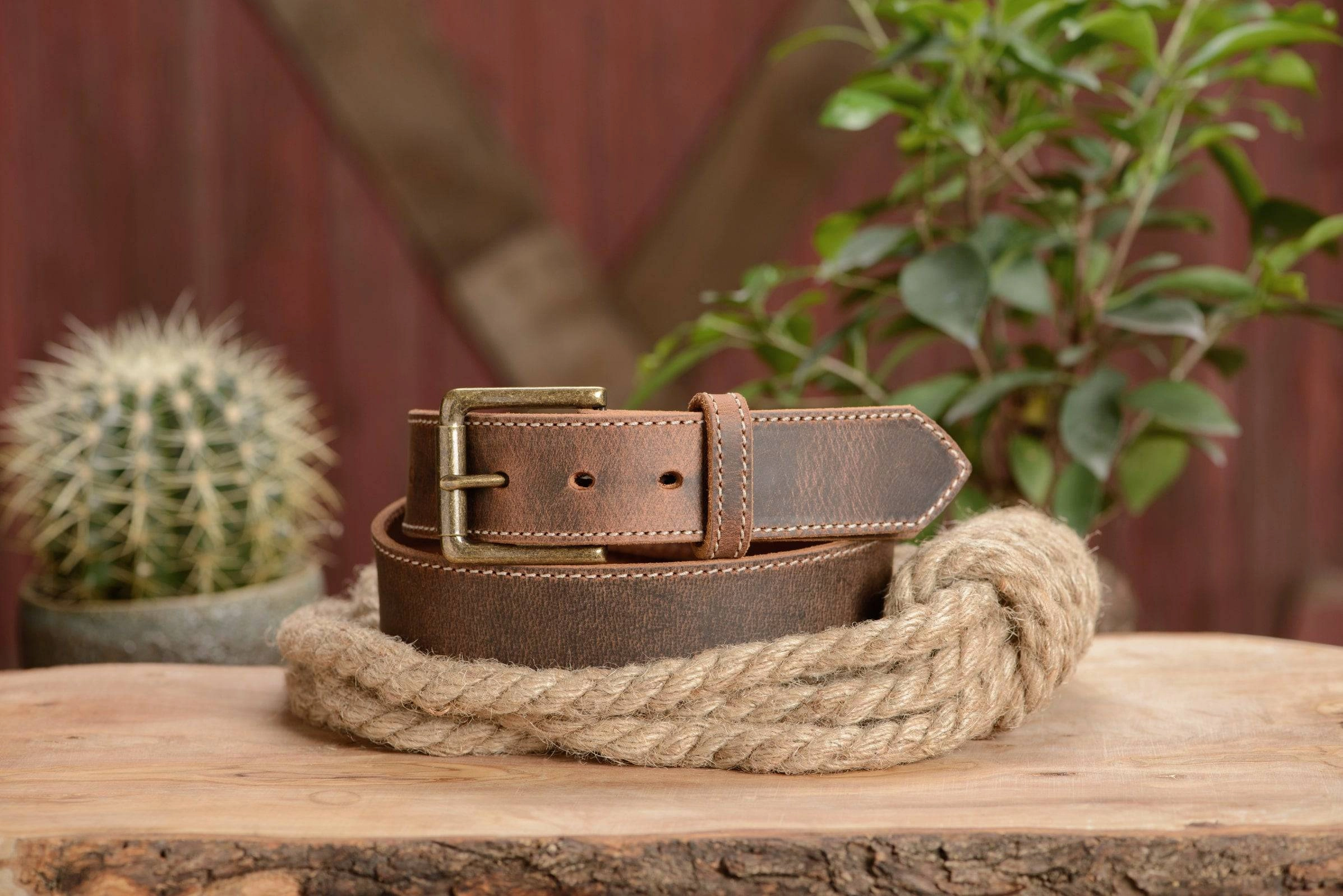 The Crazy Horse: Men's Oil Tanned Stitched Leather Belt 1.50" (Wheat Colored Thread)