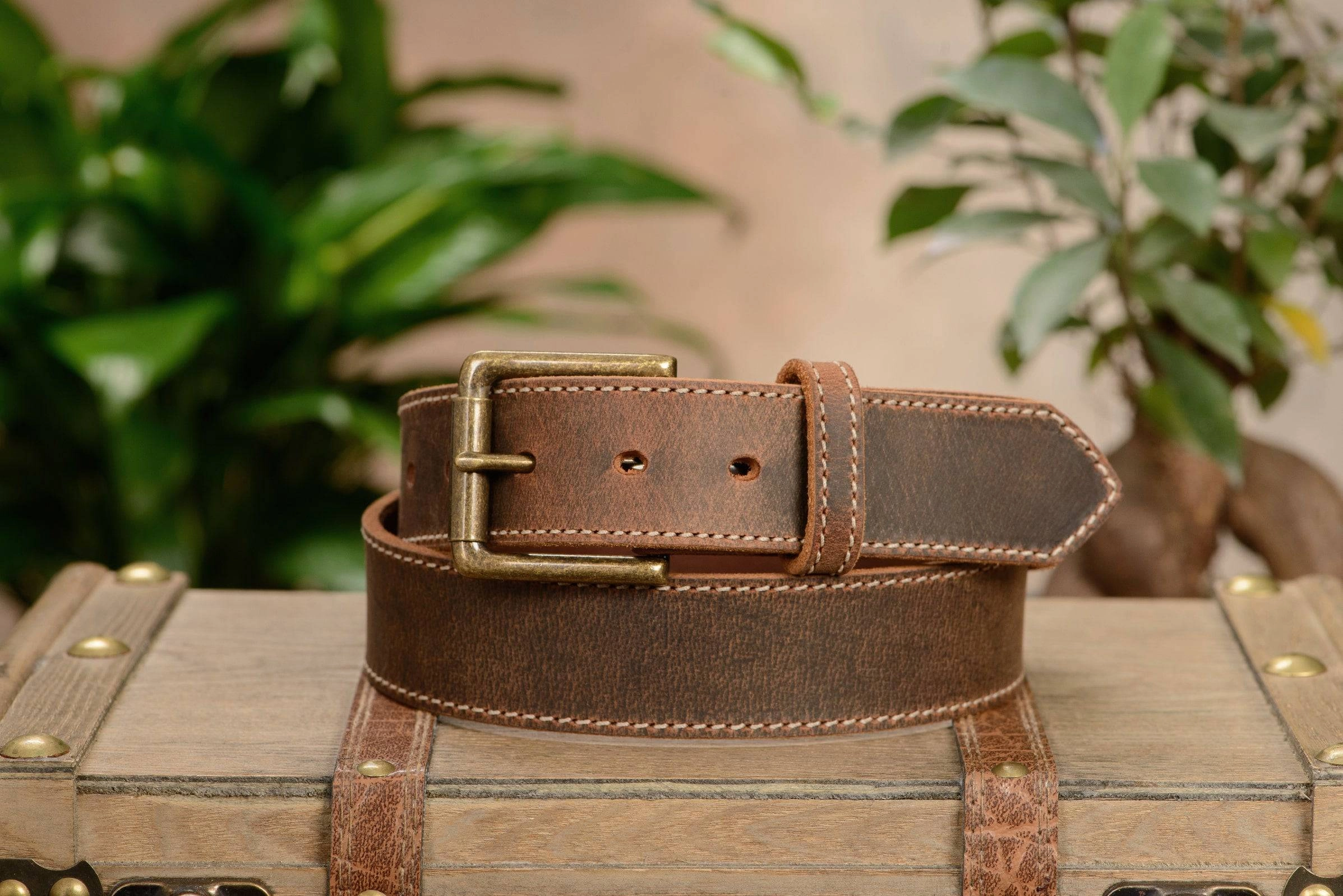 The Crazy Horse: Men's Oil Tanned Stitched Leather Belt 1.50" (Wheat Colored Thread)