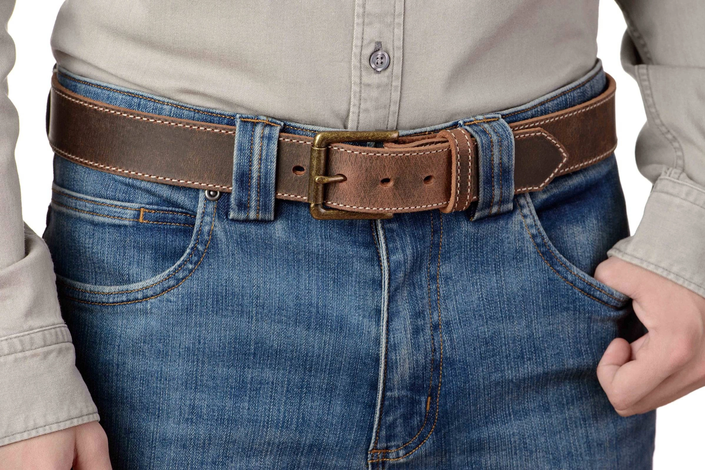 The Crazy Horse: Men's Oil Tanned Stitched Leather Belt 1.50" (Wheat Colored Thread)