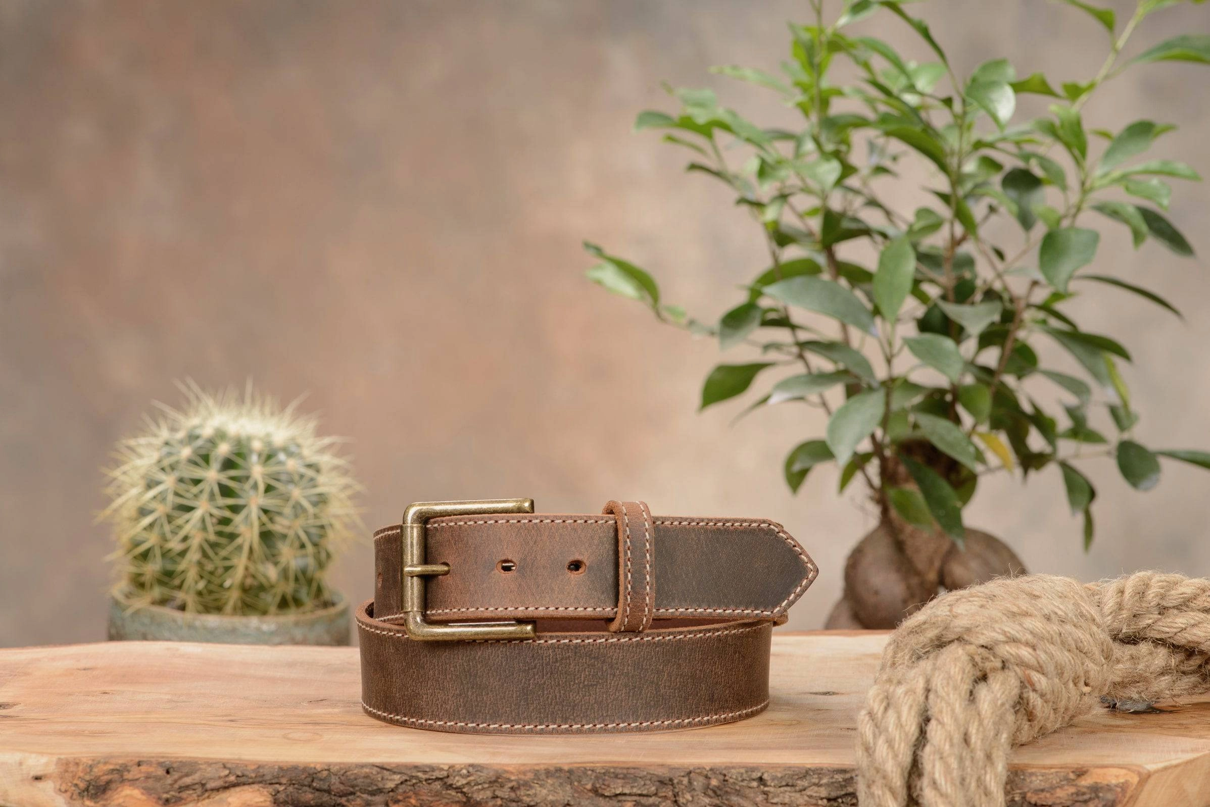 The Crazy Horse: Men's Oil Tanned Stitched Leather Belt 1.50" (Wheat Colored Thread)