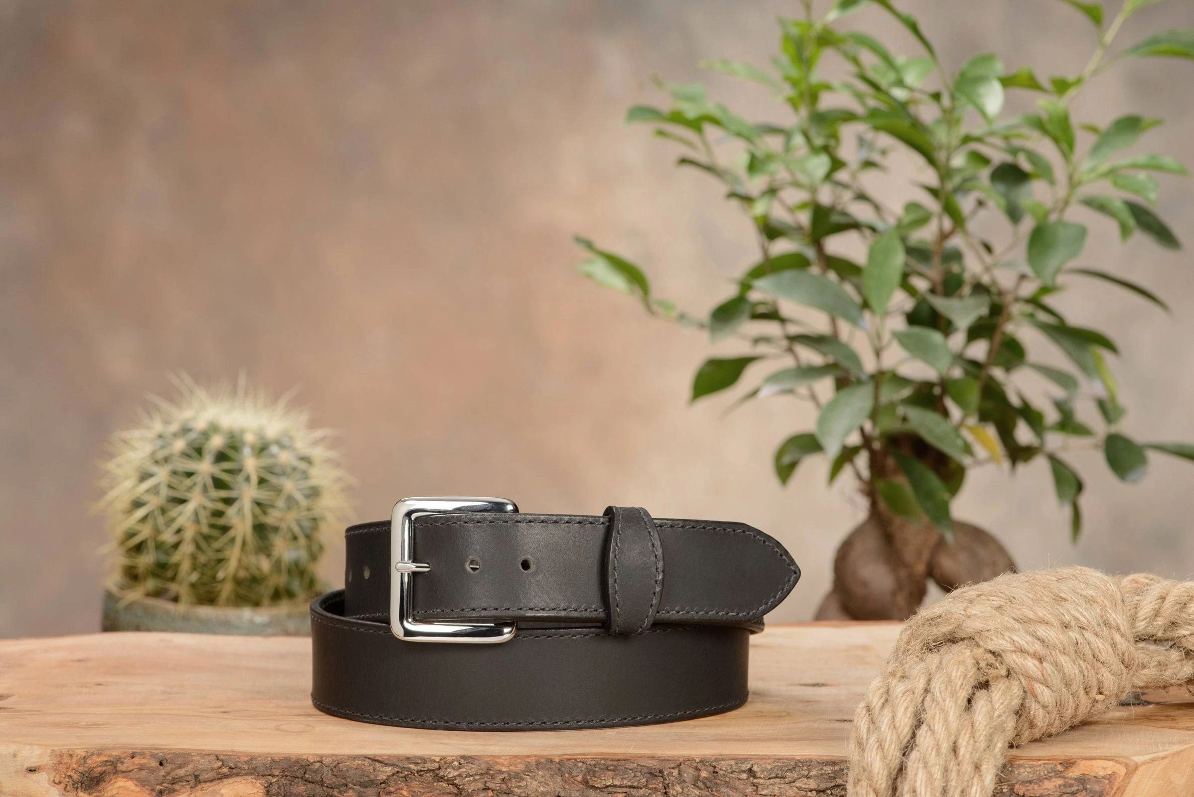 The Lakota: Black Stitched Water Buffalo Leather Belt With Snaps 1.50"