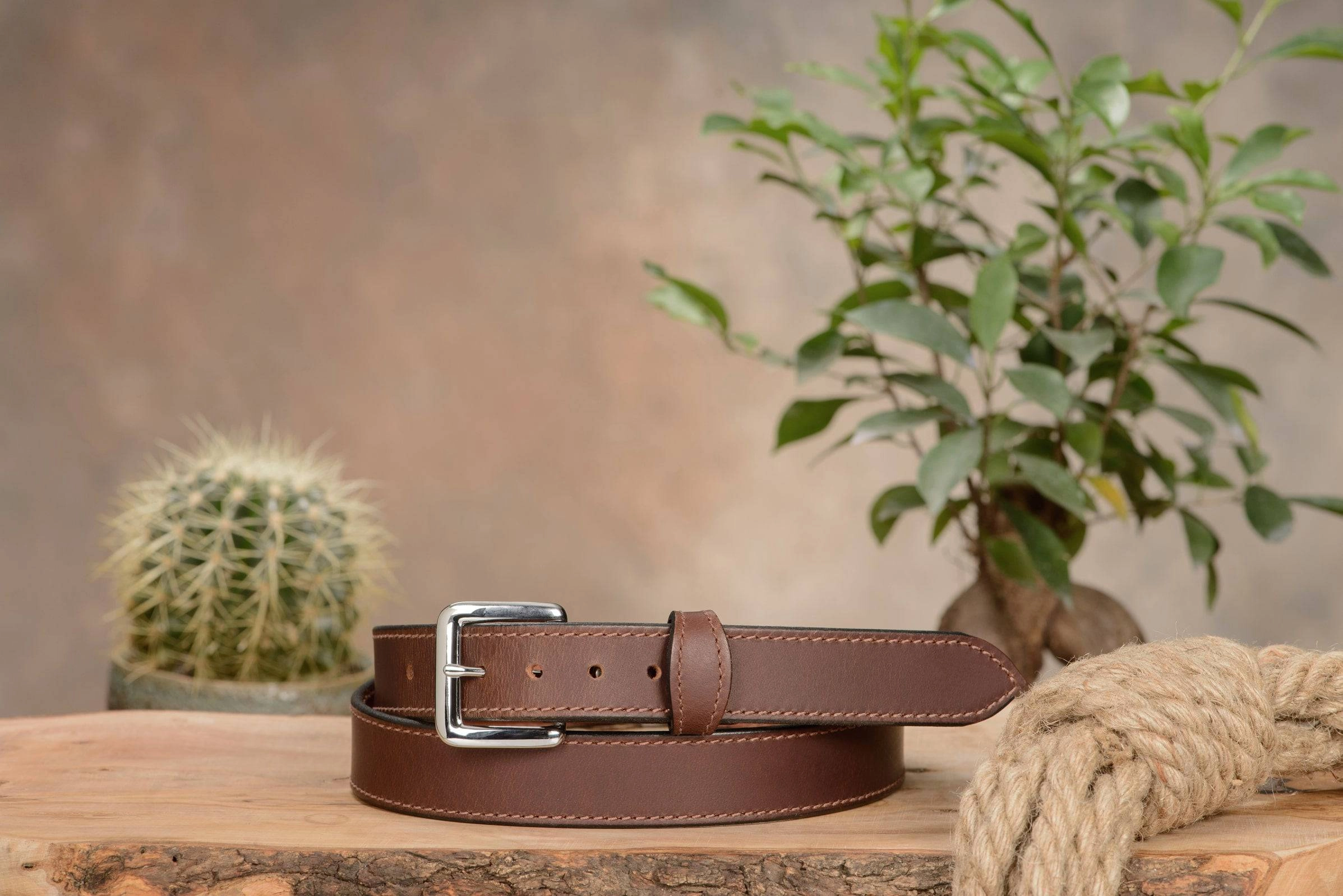 The Lakota: Brown Stitched Water Buffalo Leather Belt With Snaps 1.25"