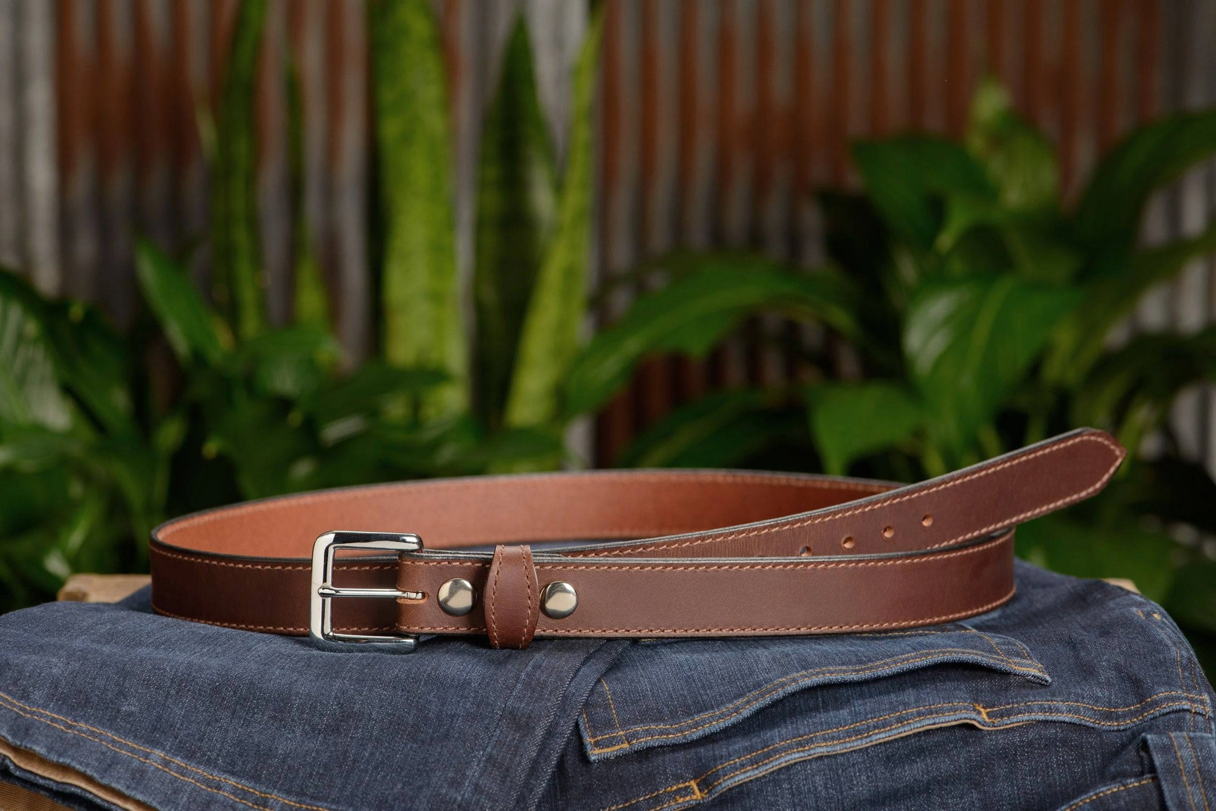 The Lakota: Brown Stitched Water Buffalo Leather Belt With Snaps 1.25"