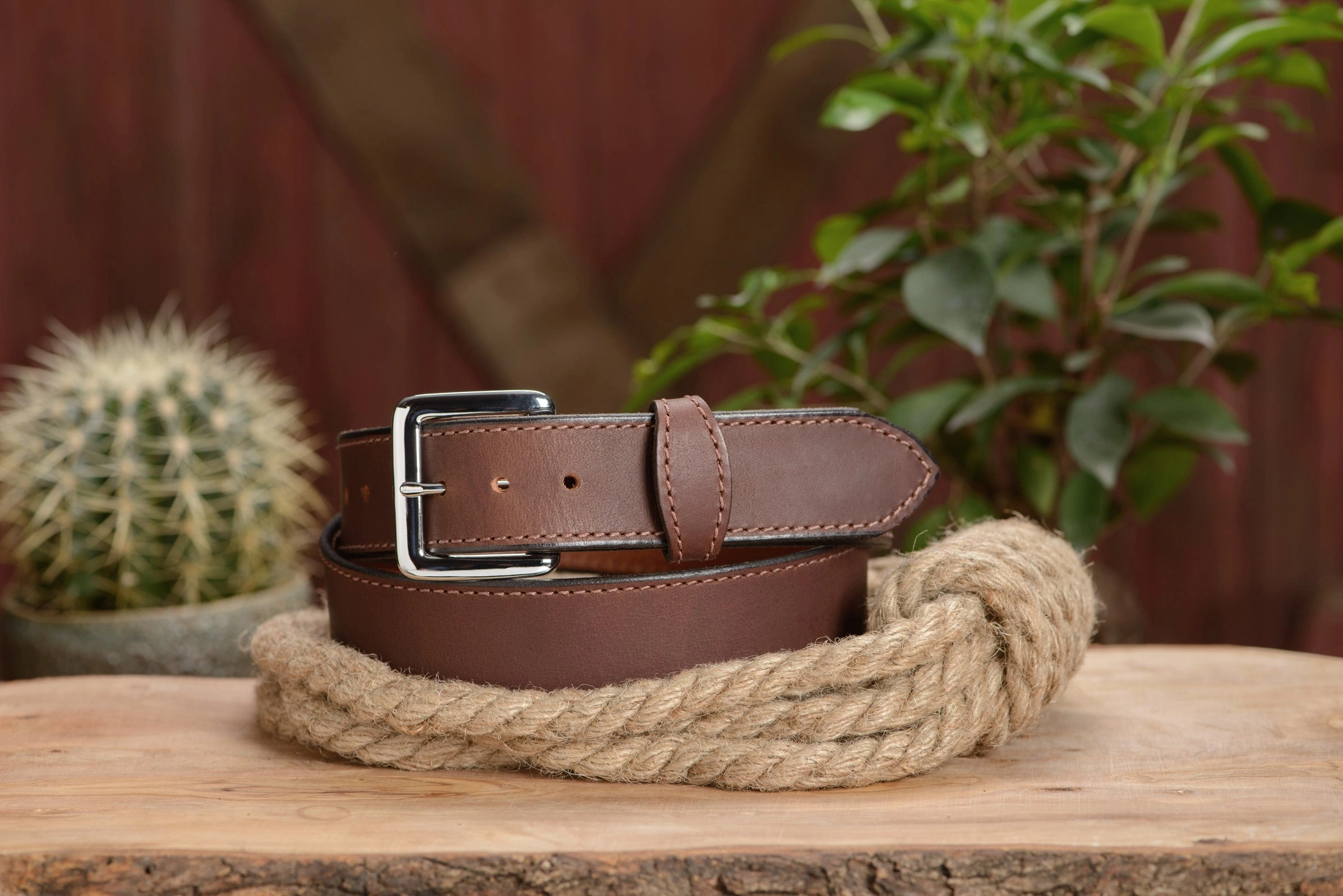 The Lakota: Brown Stitched Water Buffalo Leather Belt With Snaps 1.50"